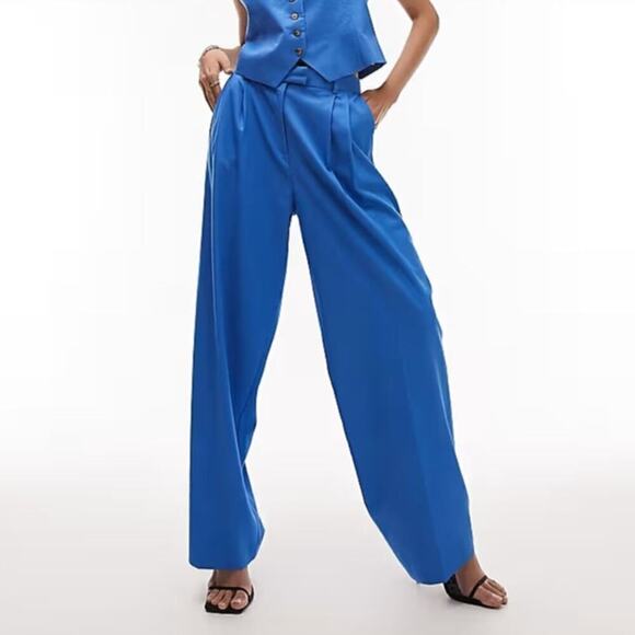 Topshop Mensy Pants Baggy Pleated Front High Rise Wide Leg Trousers Blue NWT 10 - Picture 1 of 11